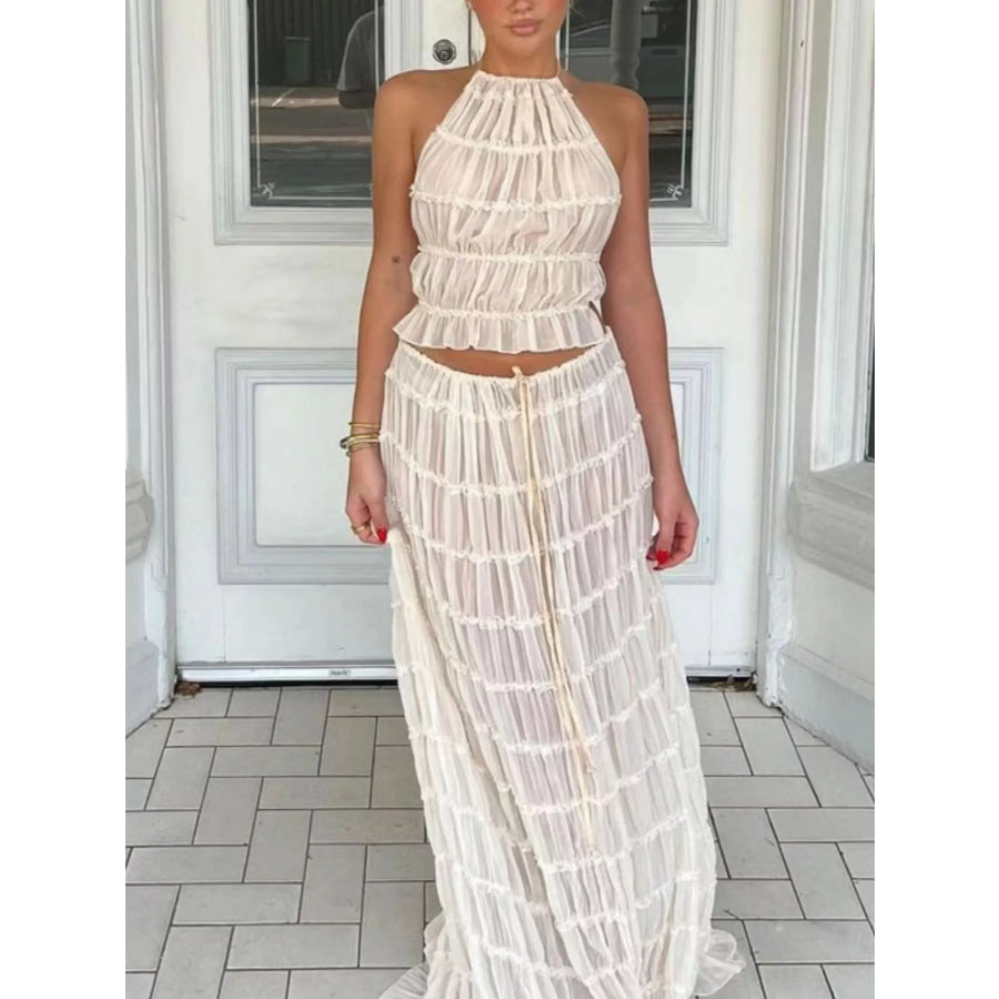 Boho Chic Ruffled Halter Crop Top and Maxi Skirt Set Apparel Accessories