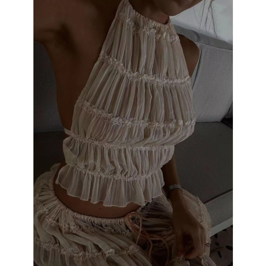 Boho Chic Ruffled Halter Crop Top and Maxi Skirt Set Apparel Accessories