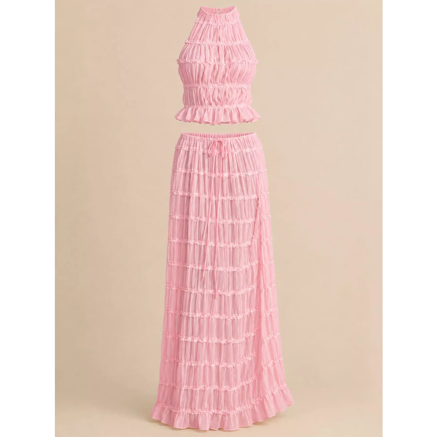 Boho Chic Ruffled Halter Crop Top and Maxi Skirt Set Apparel Accessories