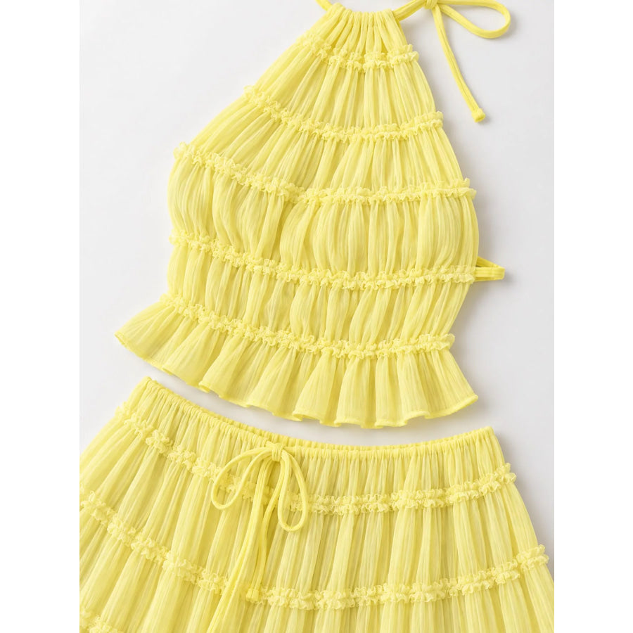 Boho Chic Ruffled Halter Crop Top and Maxi Skirt Set Apparel Accessories