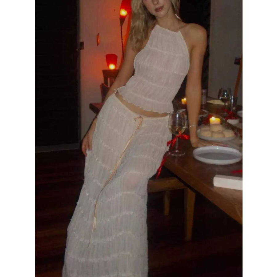 Boho Chic Ruffled Halter Crop Top and Maxi Skirt Set Apparel Accessories