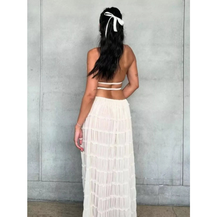 Boho Chic Ruffled Halter Crop Top and Maxi Skirt Set Apparel Accessories