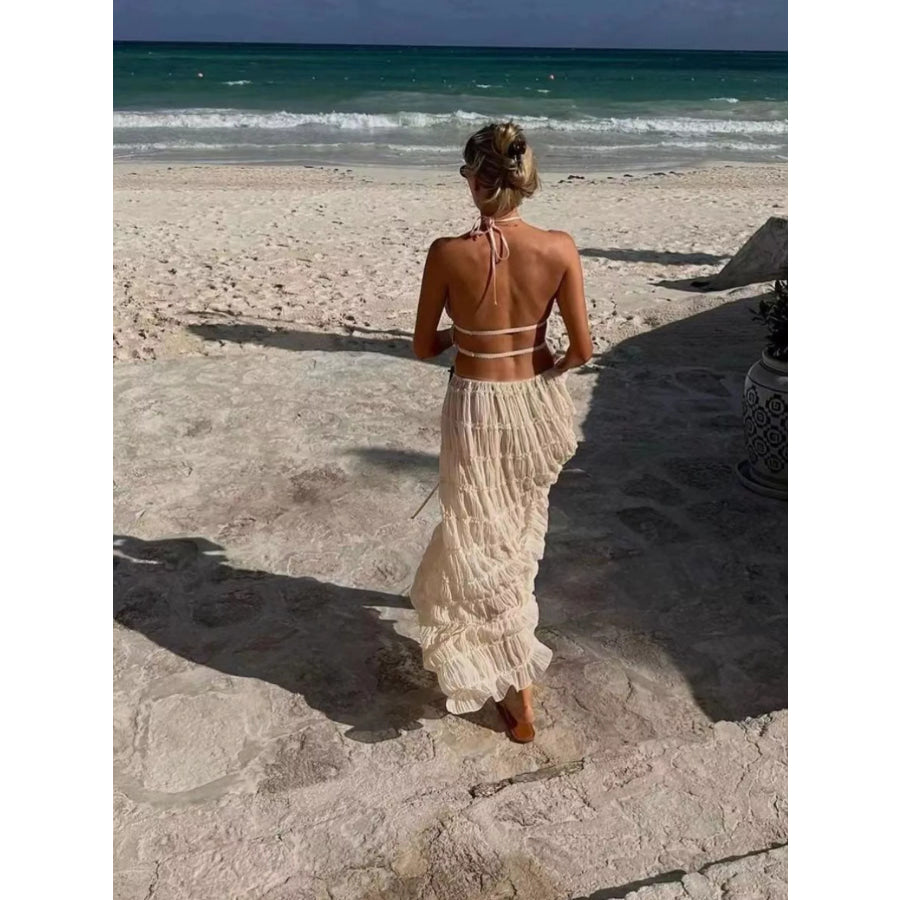 Boho Chic Ruffled Halter Crop Top and Maxi Skirt Set Apparel Accessories