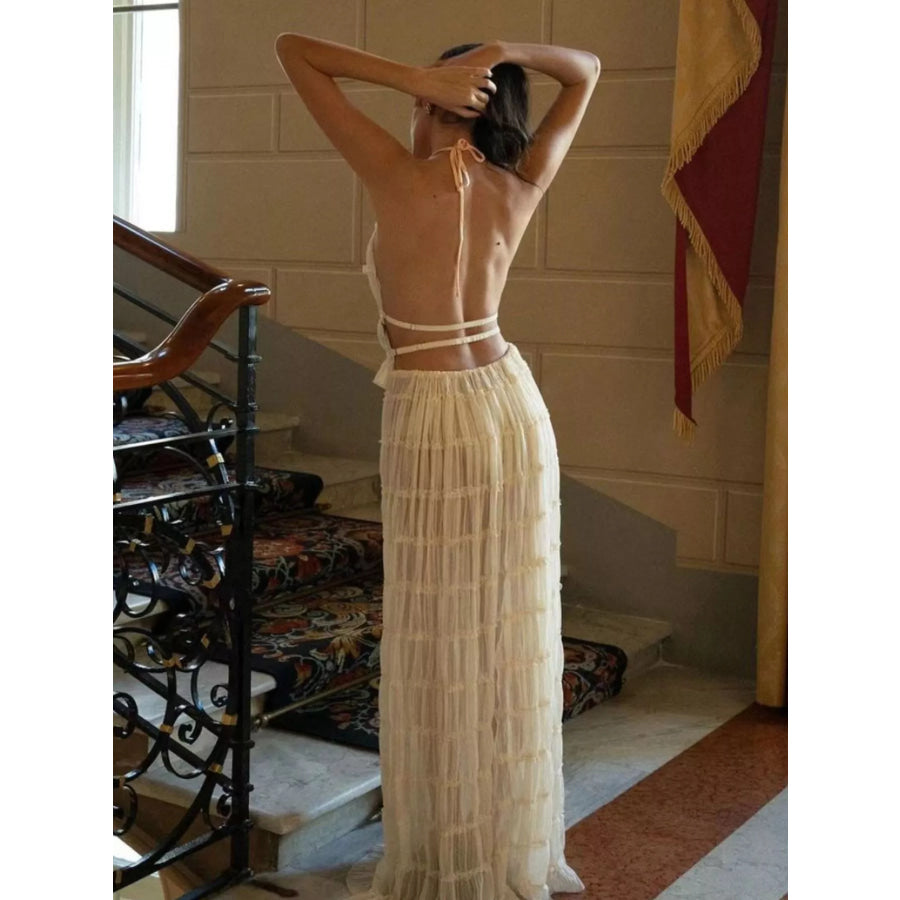 Boho Chic Ruffled Halter Crop Top and Maxi Skirt Set Apparel Accessories