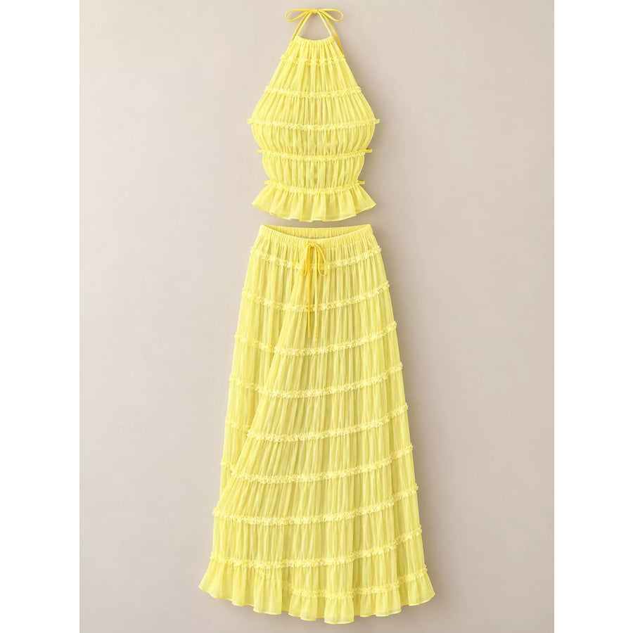 Boho Chic Ruffled Halter Crop Top and Maxi Skirt Set Apparel Accessories
