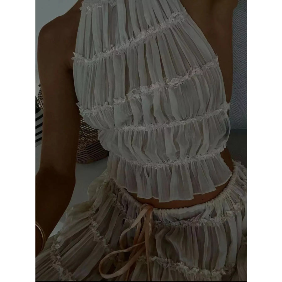 Boho Chic Ruffled Halter Crop Top and Maxi Skirt Set Apparel Accessories