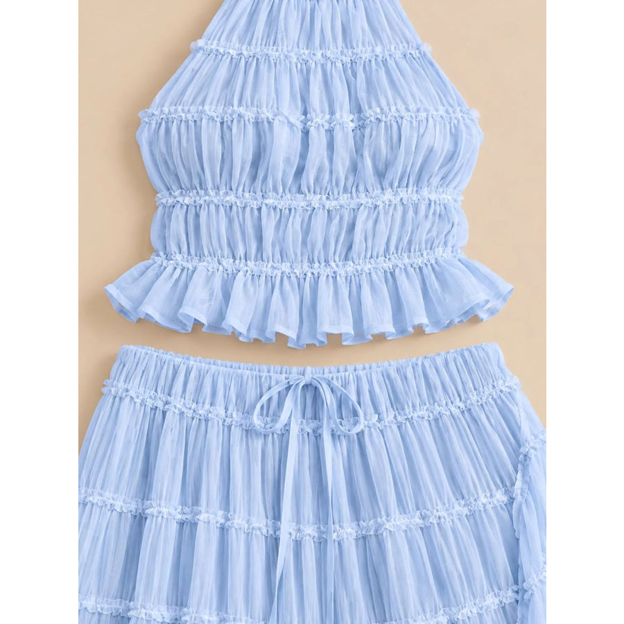 Boho Chic Ruffled Halter Crop Top and Maxi Skirt Set Apparel Accessories