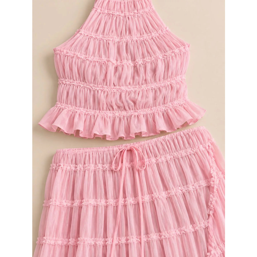 Boho Chic Ruffled Halter Crop Top and Maxi Skirt Set Apparel Accessories