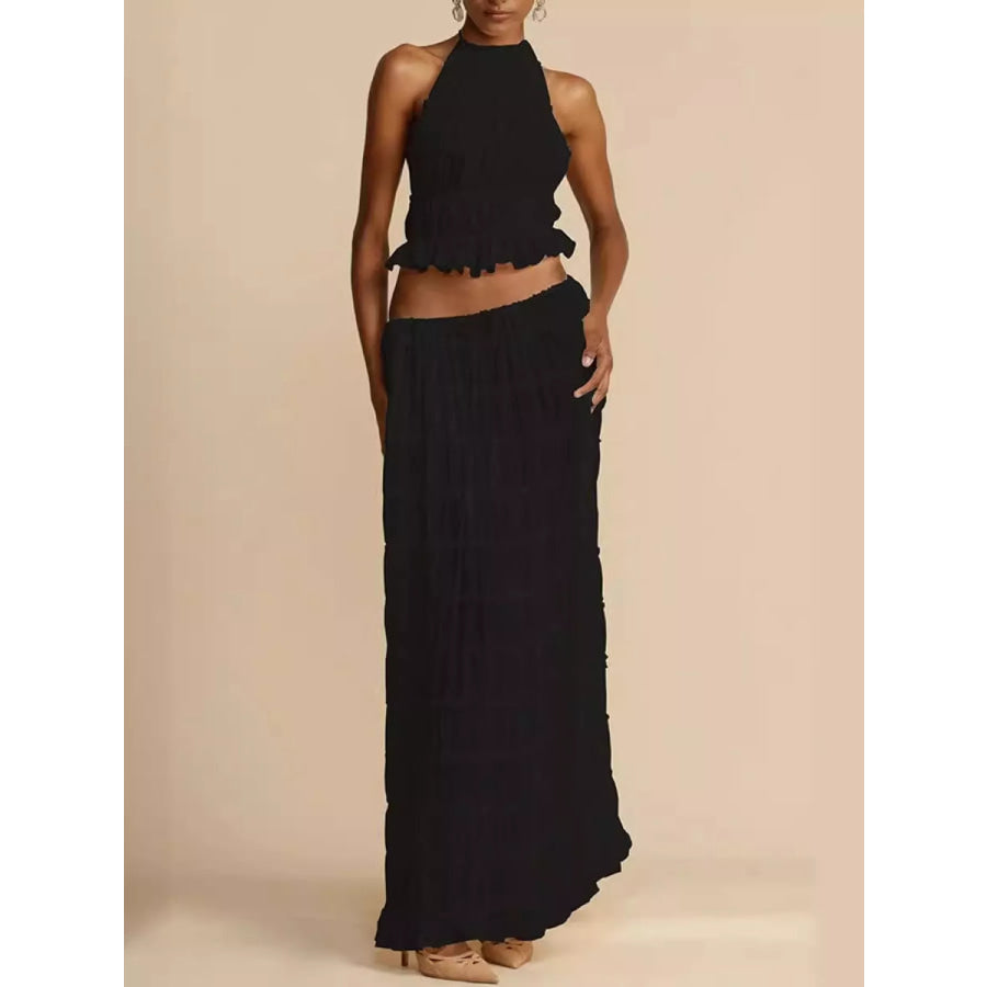 Boho Chic Ruffled Halter Crop Top and Maxi Skirt Set Black / S Apparel Accessories