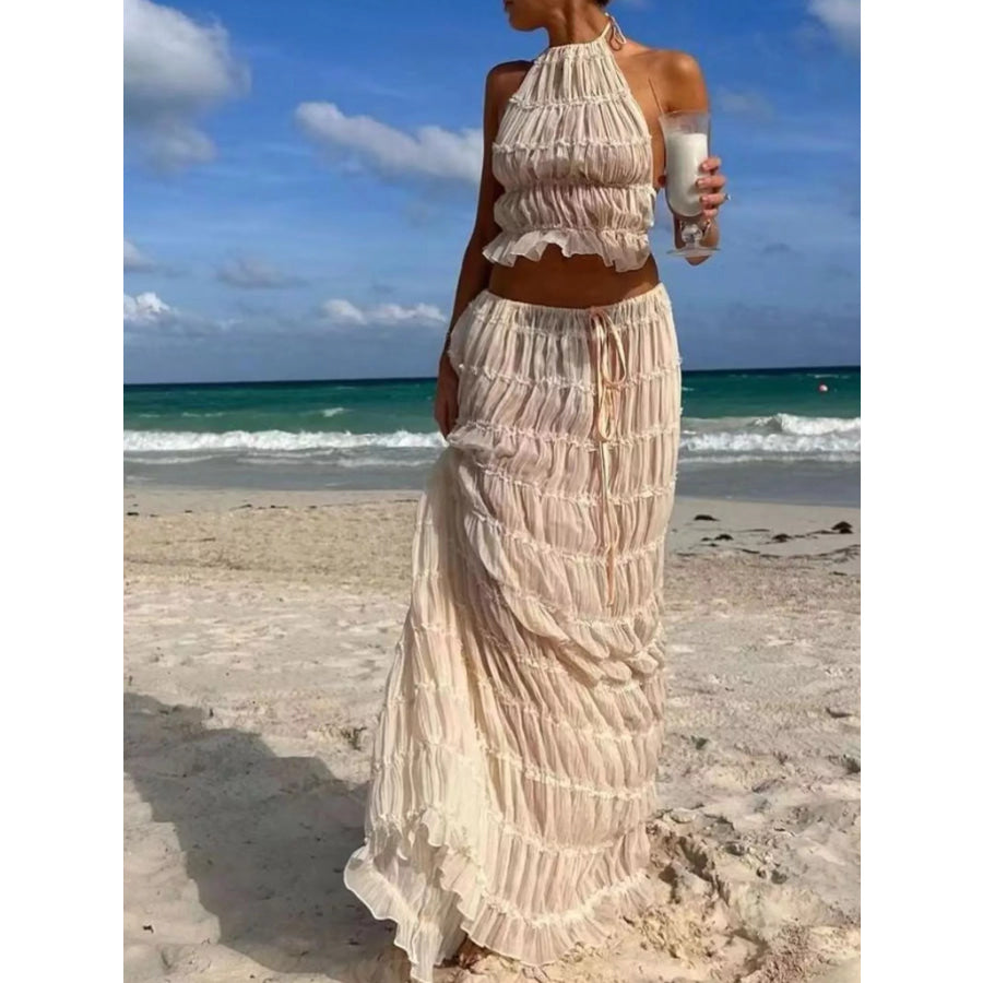Boho Chic Ruffled Halter Crop Top and Maxi Skirt Set Milky White / S Apparel Accessories