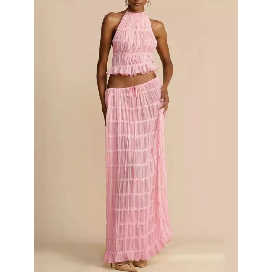 Boho Chic Ruffled Halter Crop Top and Maxi Skirt Set Pink / S Apparel Accessories
