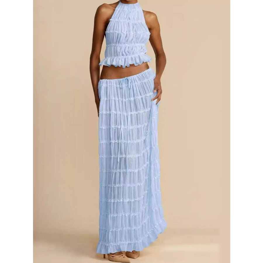 Boho Chic Ruffled Halter Crop Top and Maxi Skirt Set Sky Blue / S Apparel Accessories
