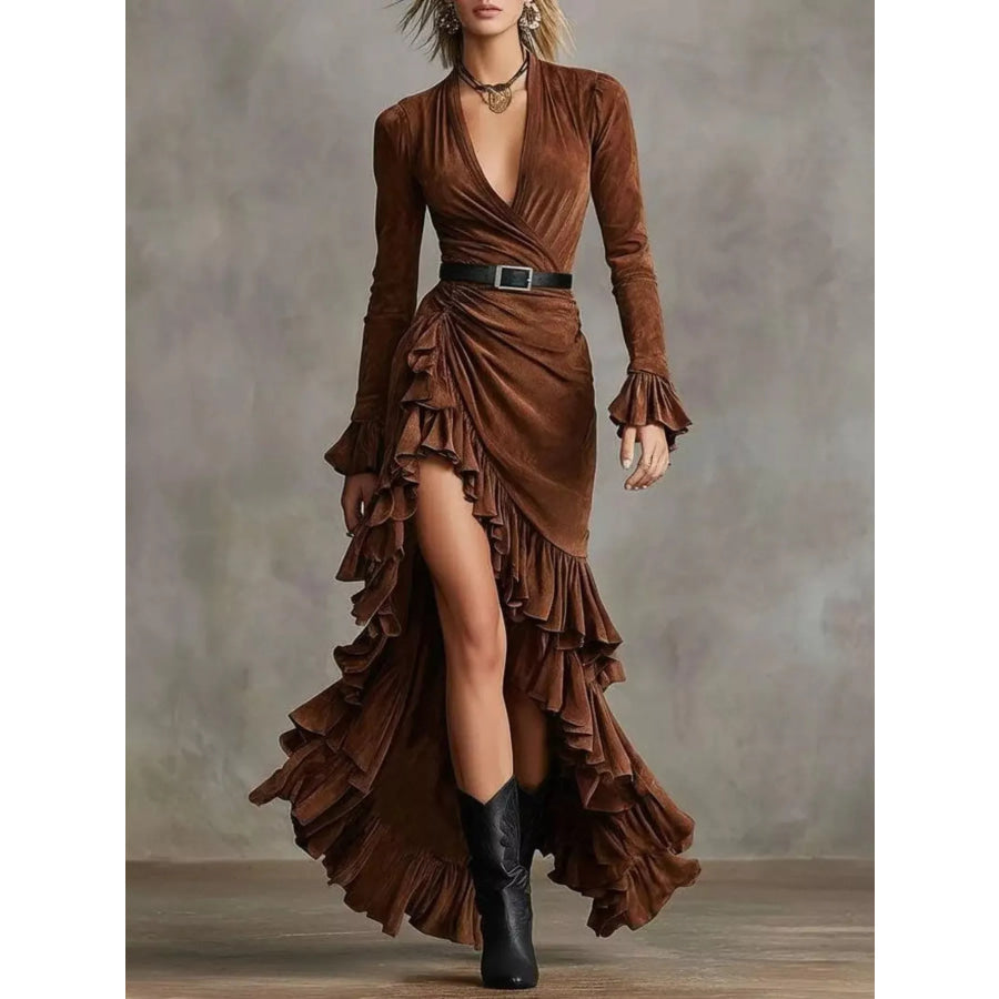 Boho Chic Suede Wrap Dress with Ruffled High-Low Hem Brown / S
