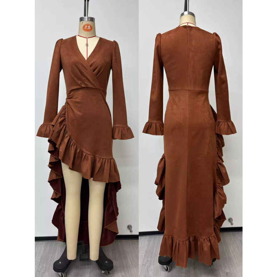 Boho Chic Suede Wrap Dress with Ruffled High-Low Hem