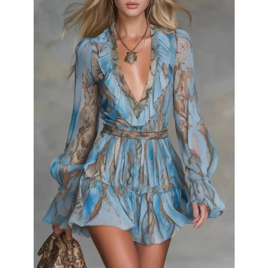 Boho Chic V-Neck Ruffled Long Sleeve Mini Dress Pastel Blue / S