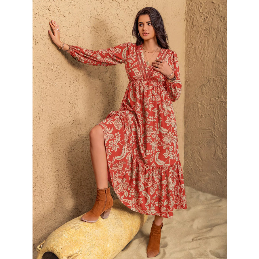 Boho Floral Print Long Sleeve Midi Dress Apparel and Accessories