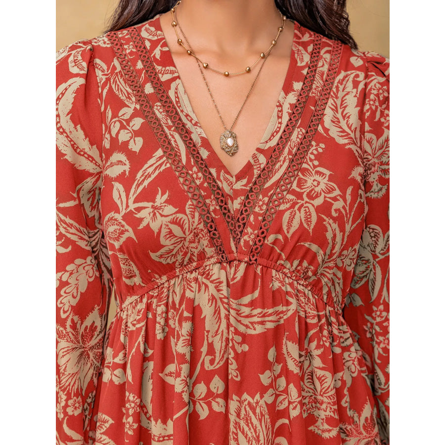 Boho Floral Print Long Sleeve Midi Dress Apparel and Accessories
