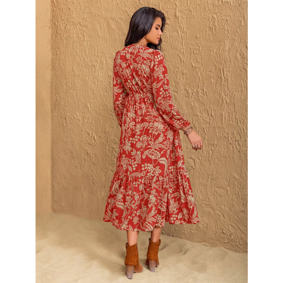 Boho Floral Print Long Sleeve Midi Dress Apparel and Accessories