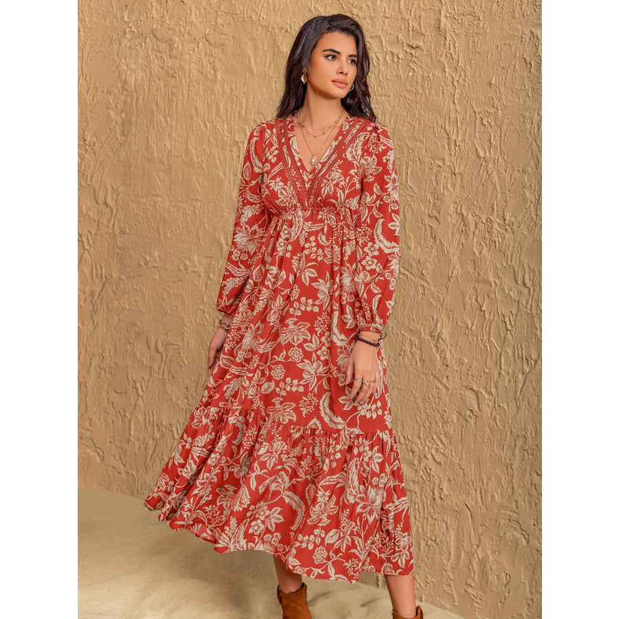 Boho Floral Print Long Sleeve Midi Dress Apparel and Accessories