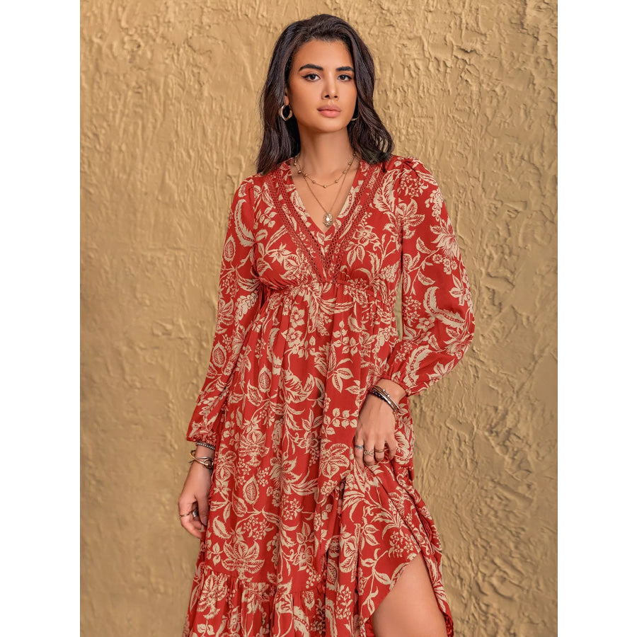 Boho Floral Print Long Sleeve Midi Dress Apparel and Accessories