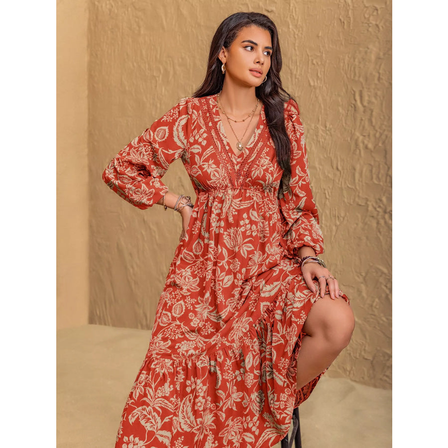 Boho Floral Print Long Sleeve Midi Dress Apparel and Accessories