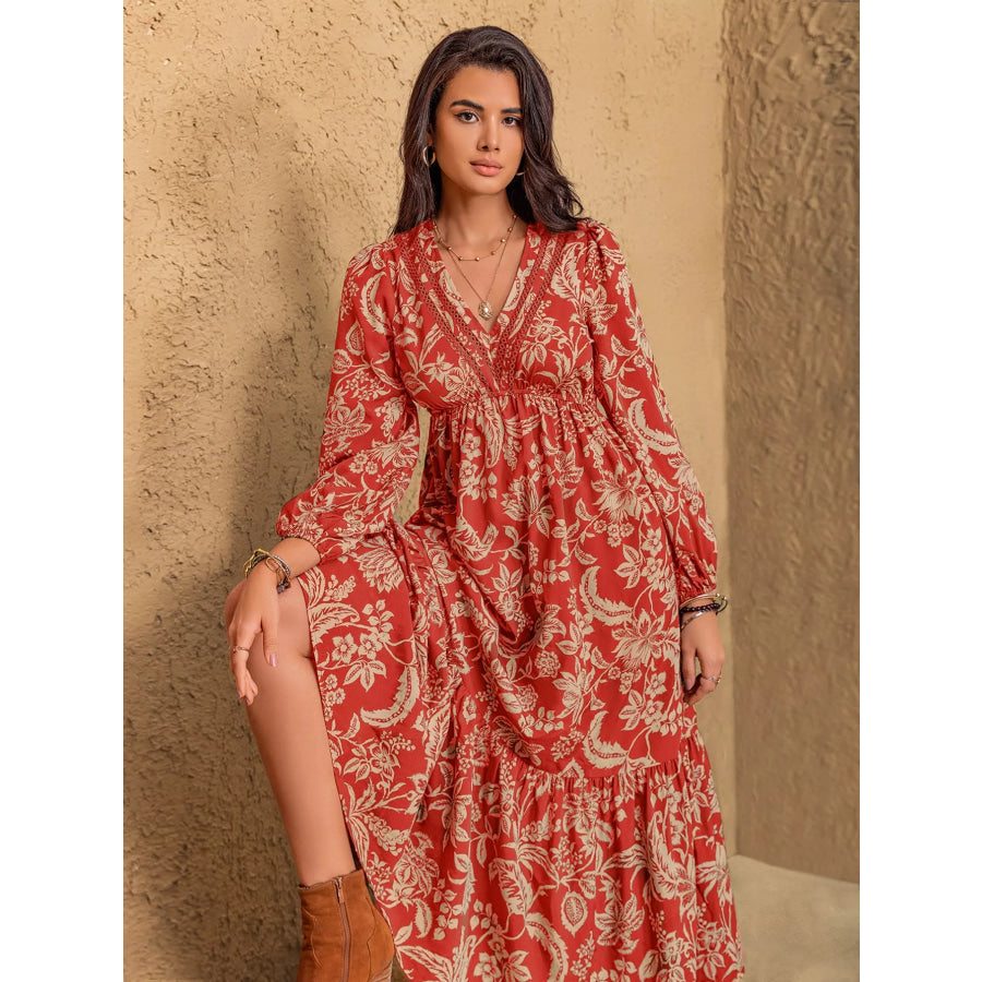 Boho Floral Print Long Sleeve Midi Dress Apparel and Accessories