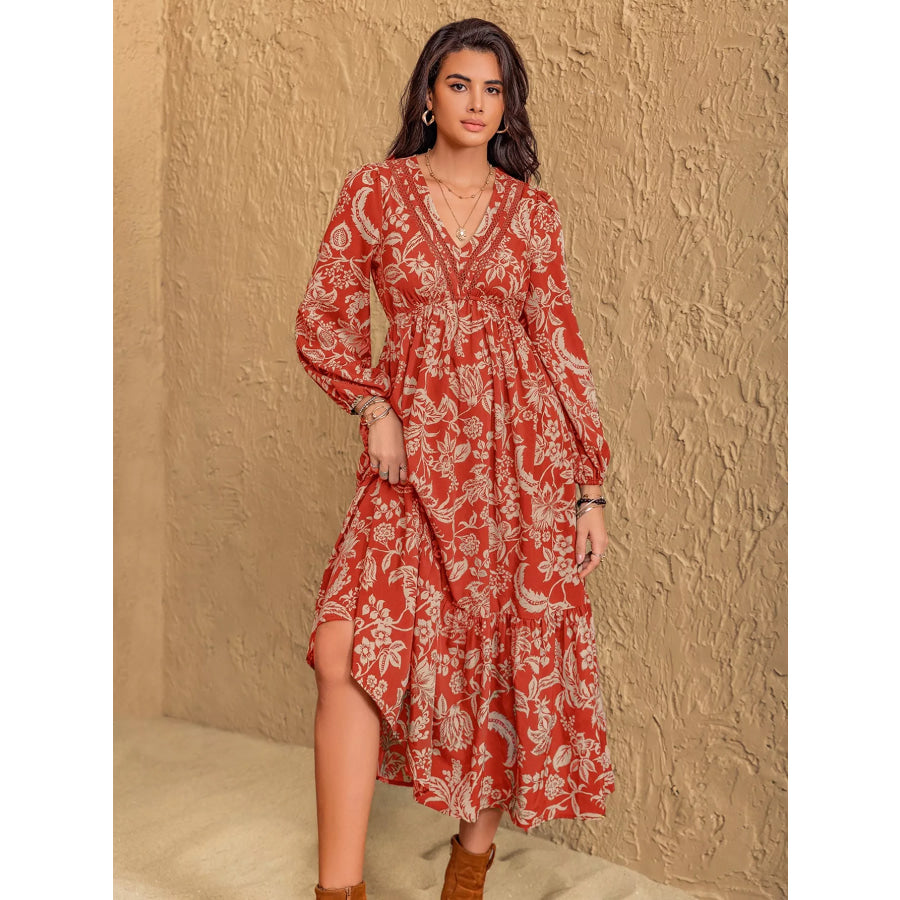 Boho Floral Print Long Sleeve Midi Dress Rust / S Apparel and Accessories