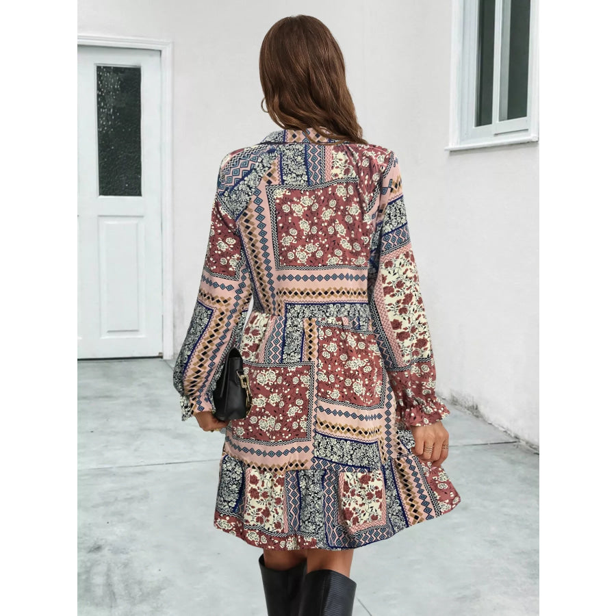 Boho Floral Print Long Sleeve Mini Dress Ochre / S Apparel and Accessories