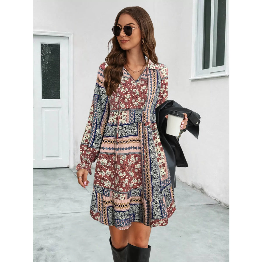 Boho Floral Print Long Sleeve Mini Dress Ochre / S Apparel and Accessories