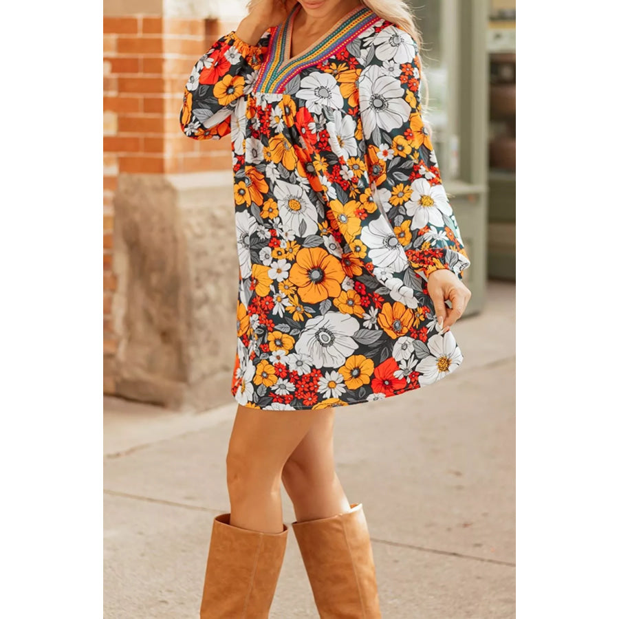 Boho Floral Print V-Neck Mini Dress with Pockets Apparel and Accessories