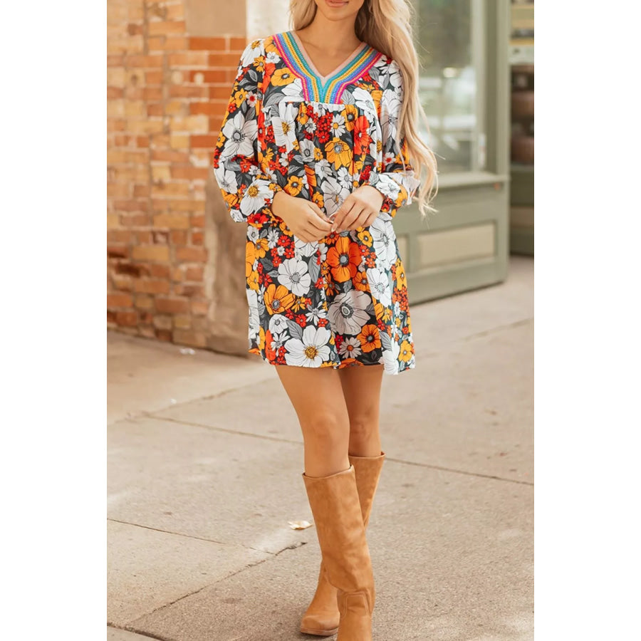 Boho Floral Print V-Neck Mini Dress with Pockets Apparel and Accessories