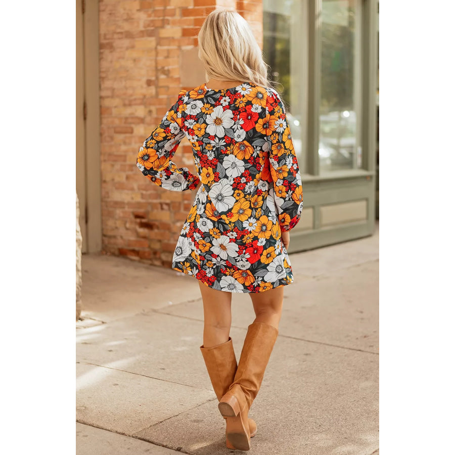 Boho Floral Print V-Neck Mini Dress with Pockets Apparel and Accessories