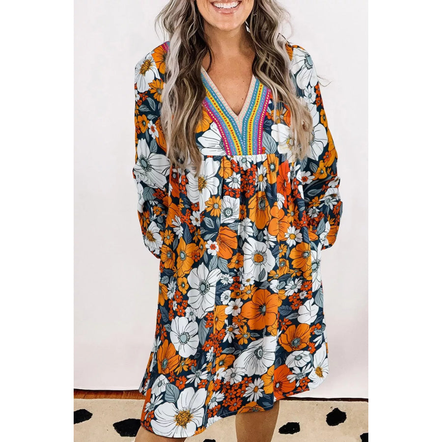 Boho Floral Print V-Neck Mini Dress with Pockets Apparel and Accessories