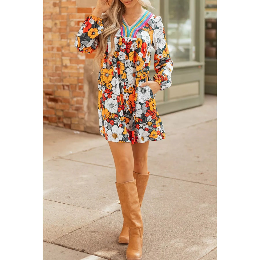 Boho Floral Print V-Neck Mini Dress with Pockets Apparel and Accessories