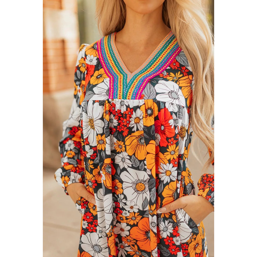 Boho Floral Print V-Neck Mini Dress with Pockets Apparel and Accessories