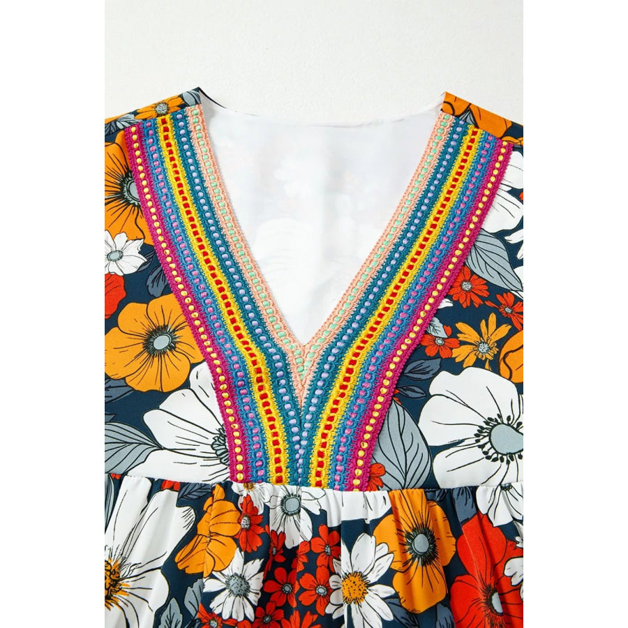 Boho Floral Print V-Neck Mini Dress with Pockets Apparel and Accessories