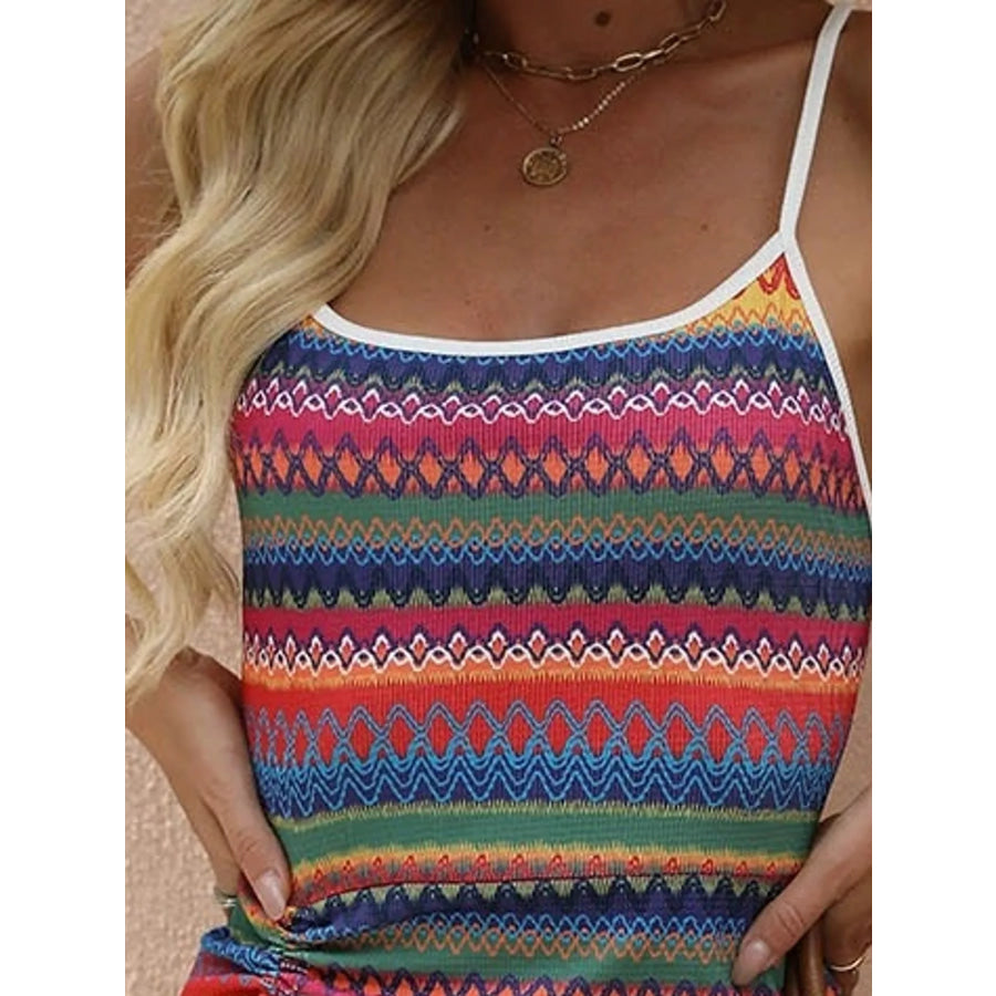 Boho Geometric Print Ruched Drawstring Mini Dress Rose Red / S Apparel and Accessories