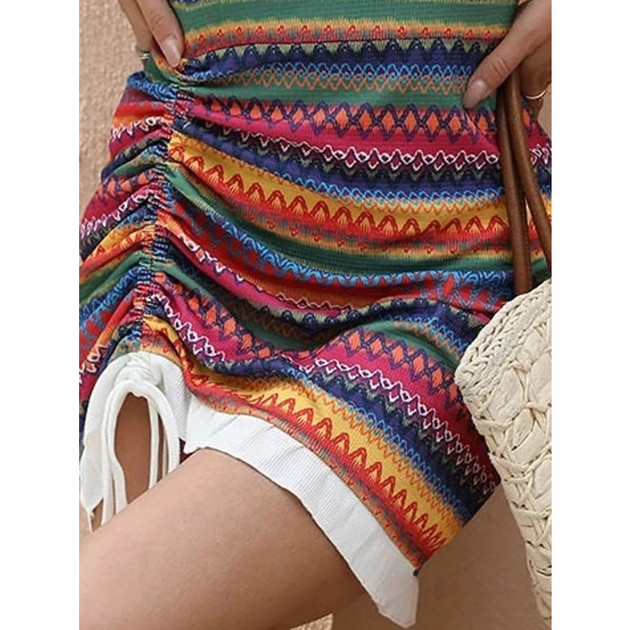 Boho Geometric Print Ruched Drawstring Mini Dress Apparel and Accessories
