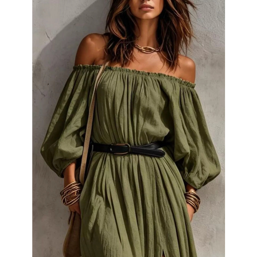 Boho Off-Shoulder Maxi Dress with Side Slit Apparel and Accessories