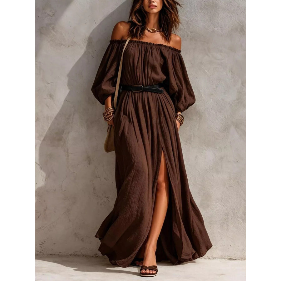 Boho Off-Shoulder Maxi Dress with Side Slit Dark Brown / XS Apparel and Accessories