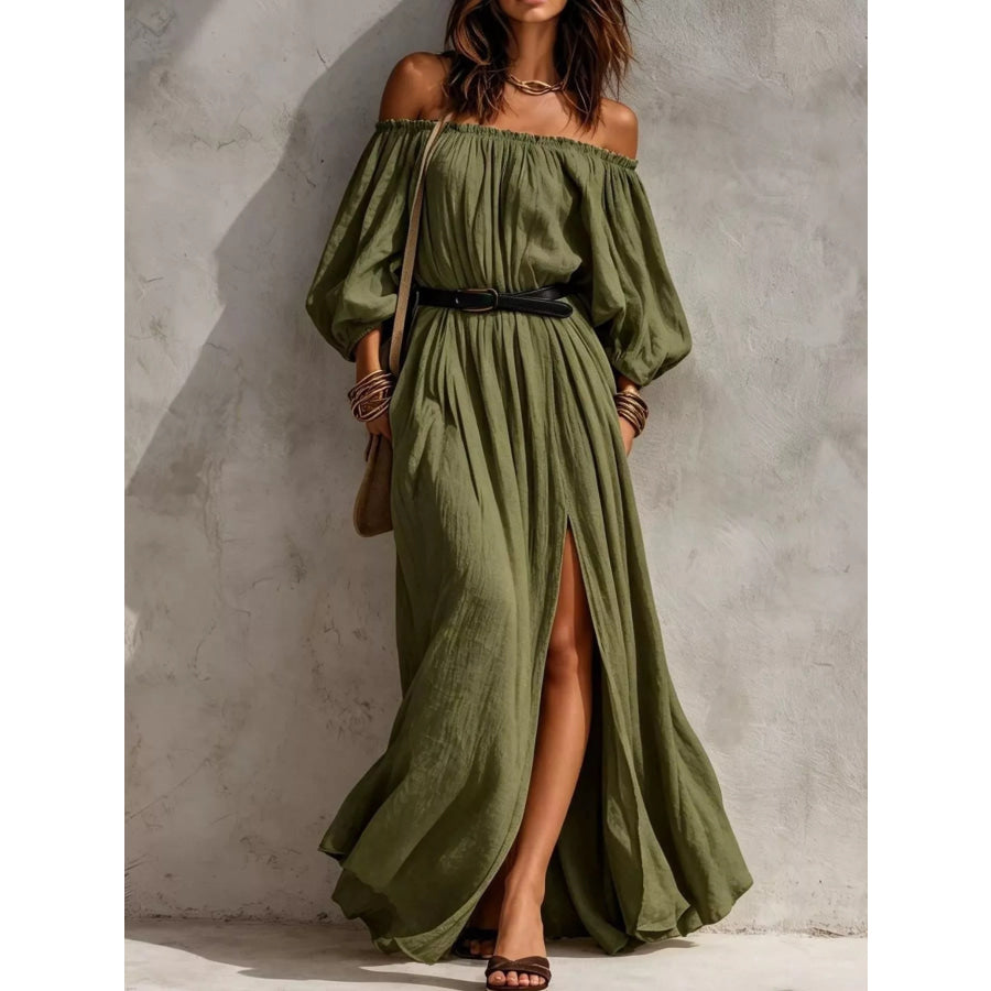 Boho Off-Shoulder Maxi Dress with Side Slit Moss / XS Apparel and Accessories