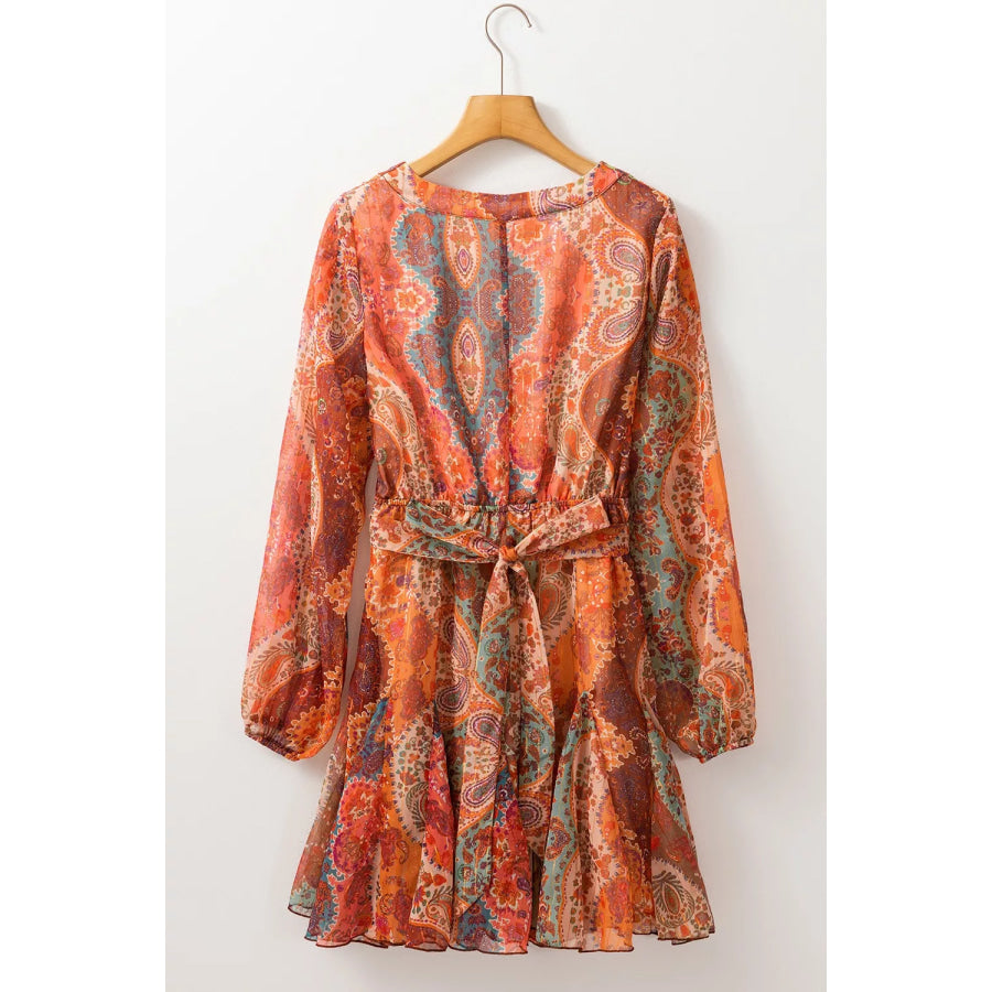 Boho Paisley Print Long Sleeve Mini Dress Apparel and Accessories