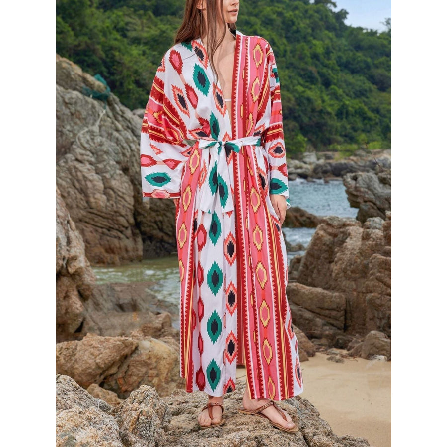 Boho Print Long Sleeve Beach Cover-Up Red / One Size Apparel and Accessories