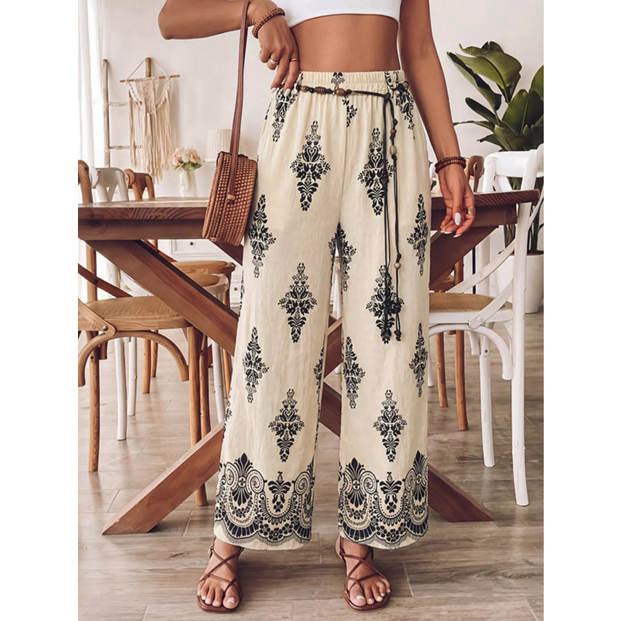 Boho Print Wide Leg Pants Beige / S Apparel and Accessories