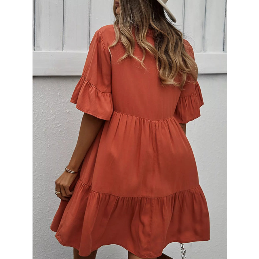Boho Ruffle Sleeve Button Down Tiered Mini Dress Terracotta / S Apparel and Accessories