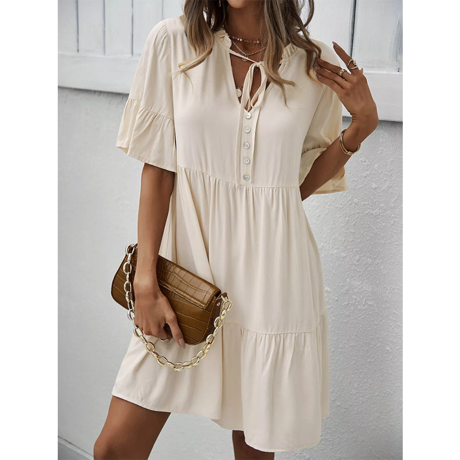 Boho Ruffle Sleeve Button Down Tiered Mini Dress Apparel and Accessories
