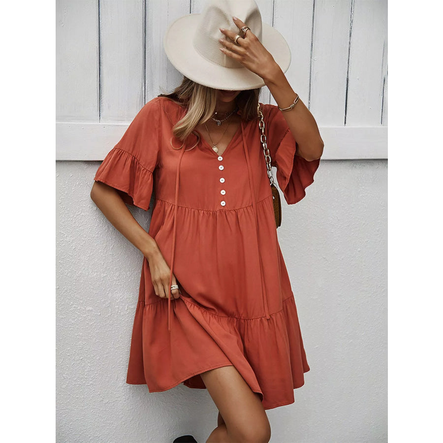Boho Ruffle Sleeve Button Down Tiered Mini Dress Apparel and Accessories