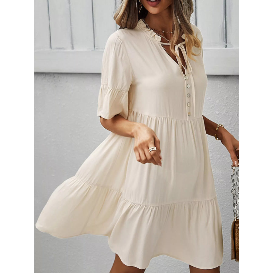 Boho Ruffle Sleeve Button Down Tiered Mini Dress Apparel and Accessories