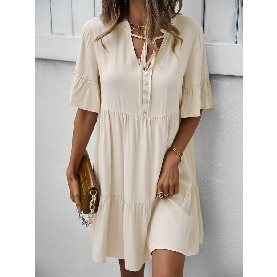 Boho Ruffle Sleeve Button Down Tiered Mini Dress Beige / S Apparel and Accessories