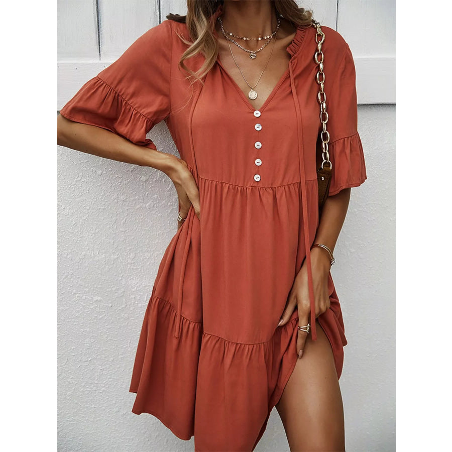 Boho Ruffle Sleeve Button Down Tiered Mini Dress Terracotta / S Apparel and Accessories